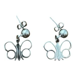 Vintage Silver Tone Butterfly Pierced Post Stud With Charm Dangle Earrings